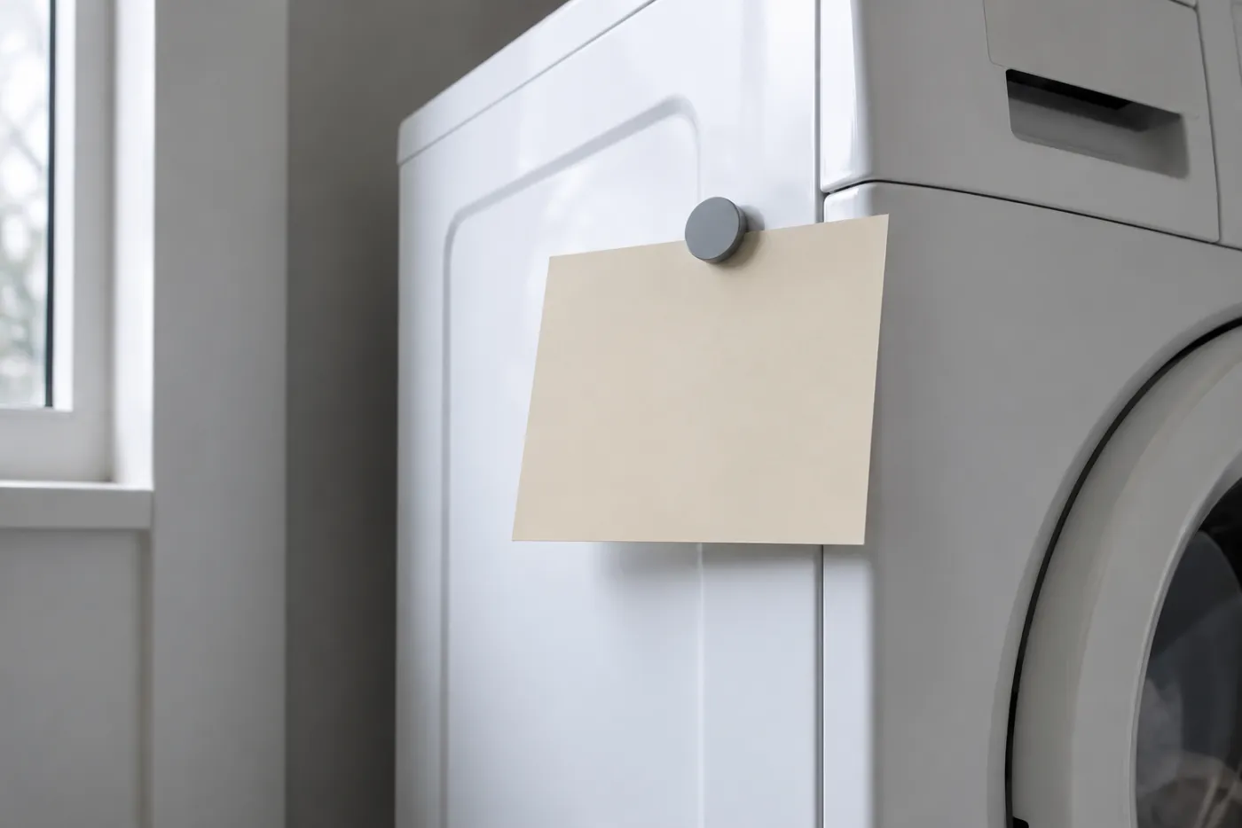 A blank matte cream card held to the side of a white washing machine by a plain magnet.
