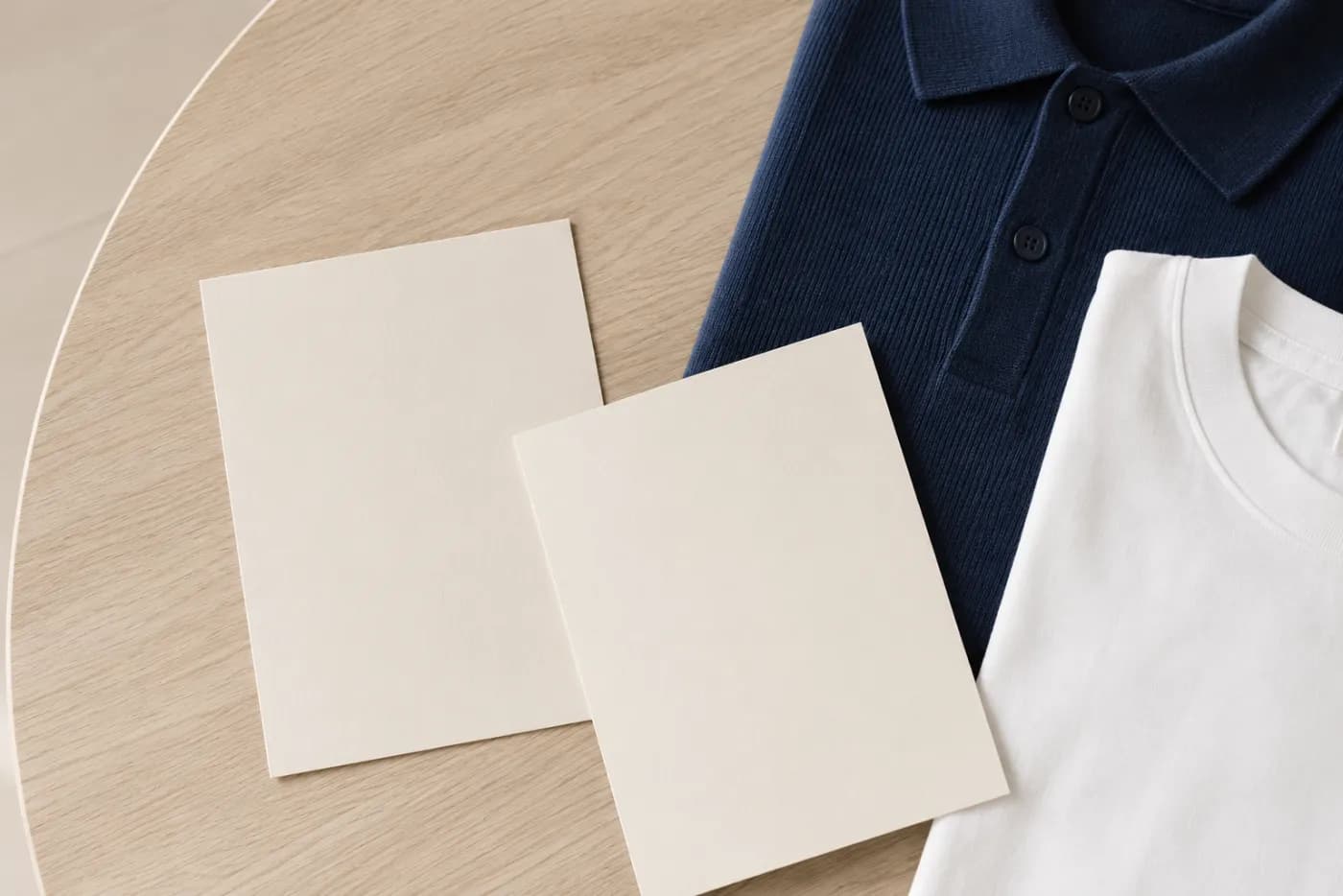 Two blank cream cards on a pale oak counter beside a folded indigo polo and a white tee.