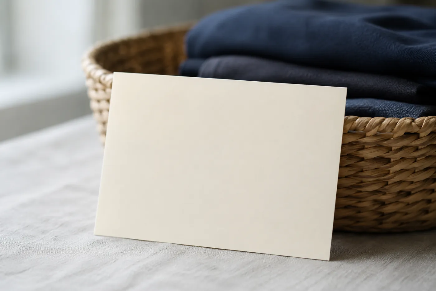 A blank cream card leaning against the woven rim of a laundry basket of dark garments.
