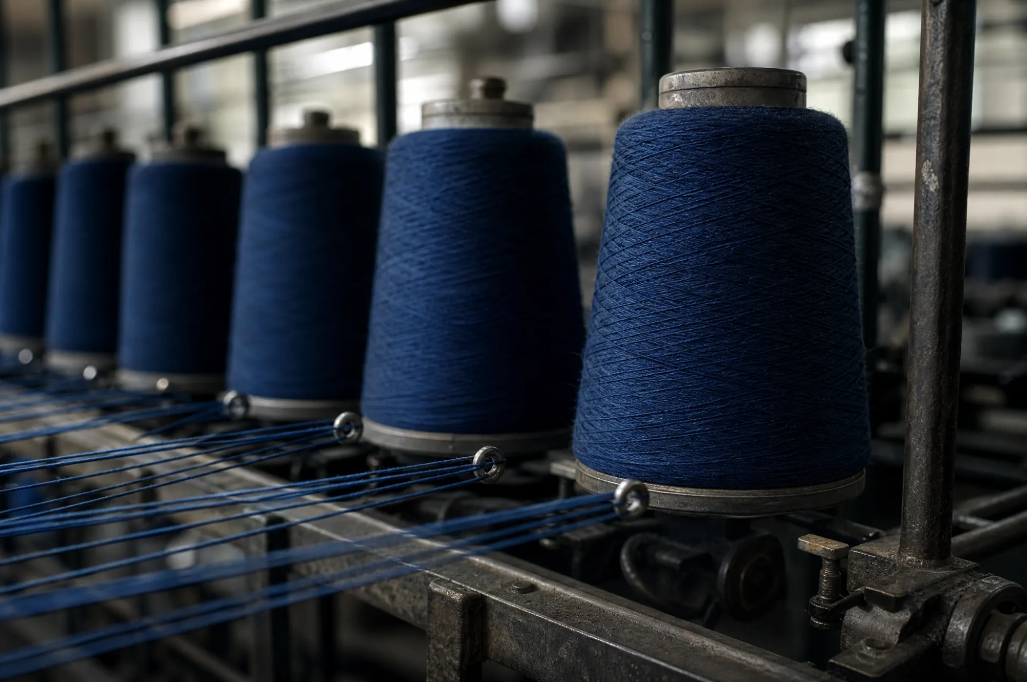 Cones of indigo dyed yarn on an industrial knitting machine creel.