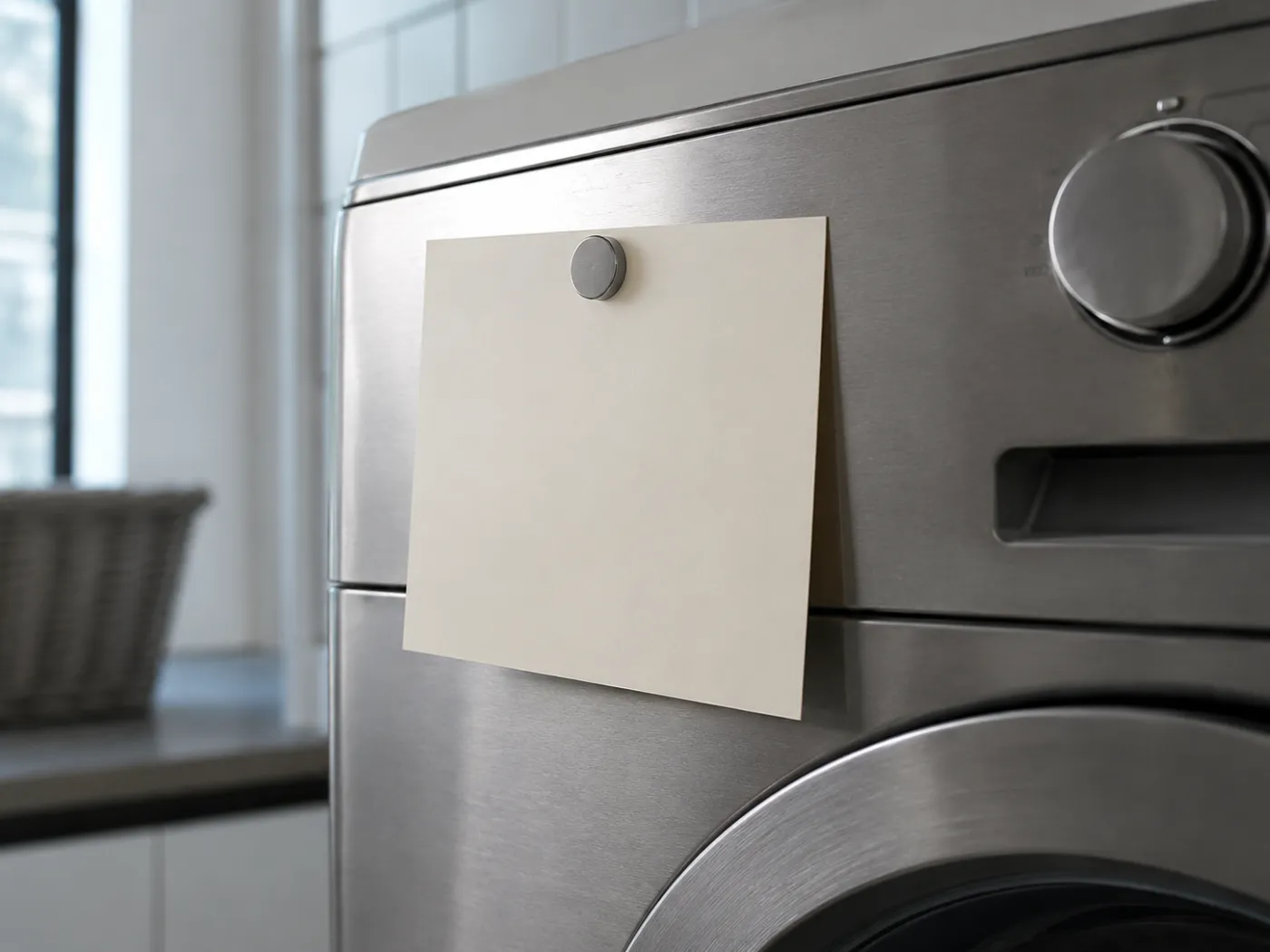 A blank matte cream card held to the brushed metal front of a washing machine by a plain magnet.