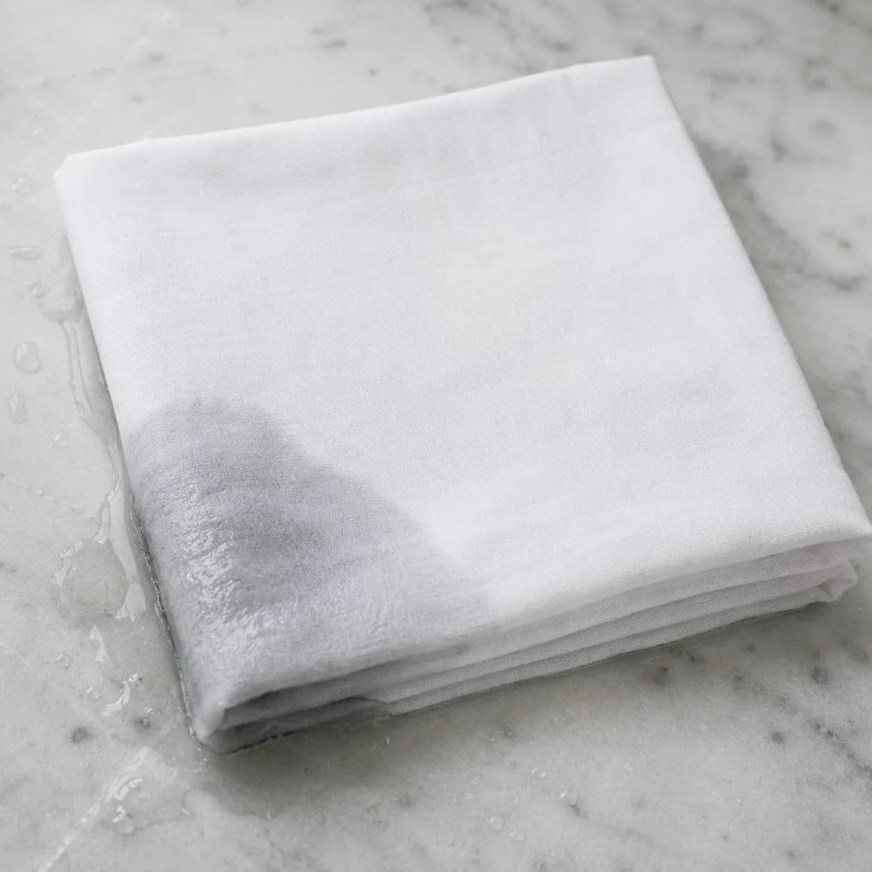 A folded square of plain white cotton cloth with one corner damp.