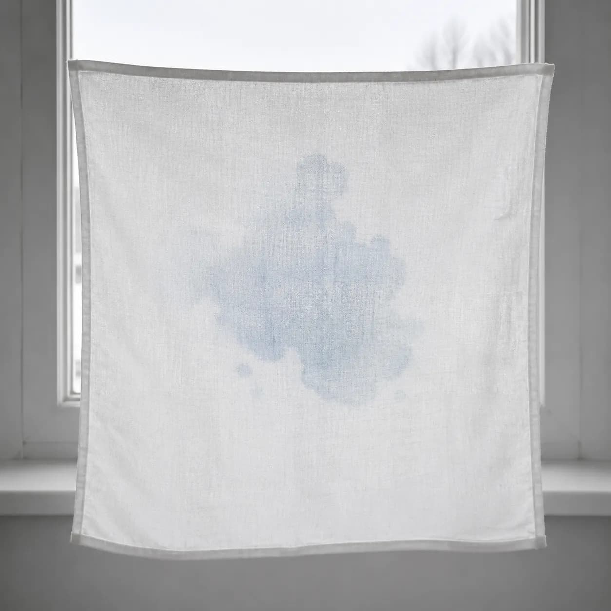 A white cloth with a faint pale blue mark held flat against a bright window.